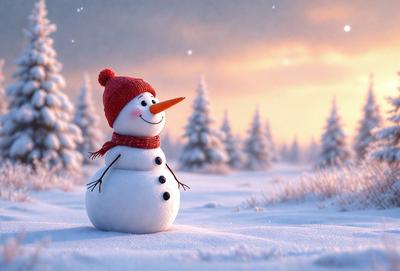 The primary subject of the image is a snowman, which is the main object, scene, or focus of the image. The snowman is standing in a snow-covered field, surrounded by trees. The visual style of the image is digital art, as it is a well-crafted and detailed illustration. The dominant colors in the image are white and gray, which create a cold and wintry atmosphere.